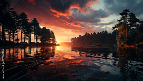 Sunset over tranquil pond reflects vibrant autumn colors generated by AI