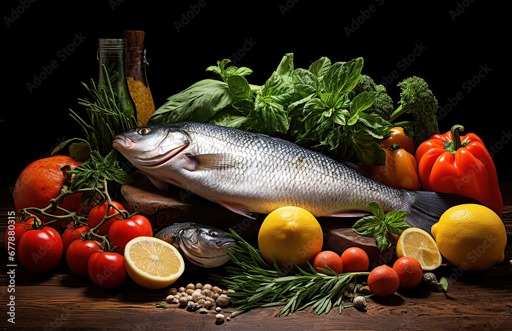 Ingredients for a Mediterranean diet of fish and vegetables on a wooden table. Ingredients for a Mediterranean diet of fish and vegetables on a wooden table.