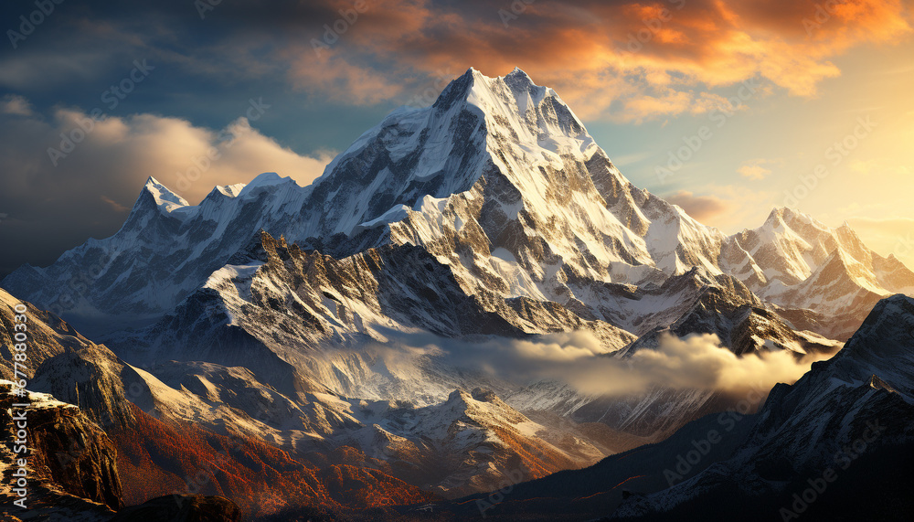 Majestic mountain peak, snow capped, panoramic landscape generated by AI