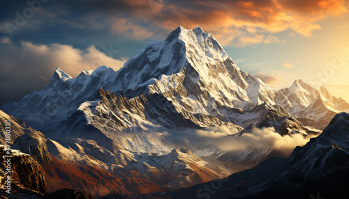 Majestic mountain peak, snow capped, panoramic landscape generated by AI