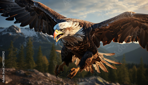 Majestic bald eagle soaring through the mountain range generated by AI