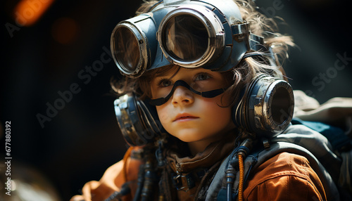 A cute girl playing with futuristic headphones, looking at camera generated by AI