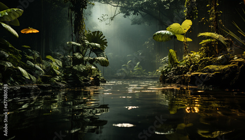 Mysterious underwater pond reflects dark green forest generated by AI