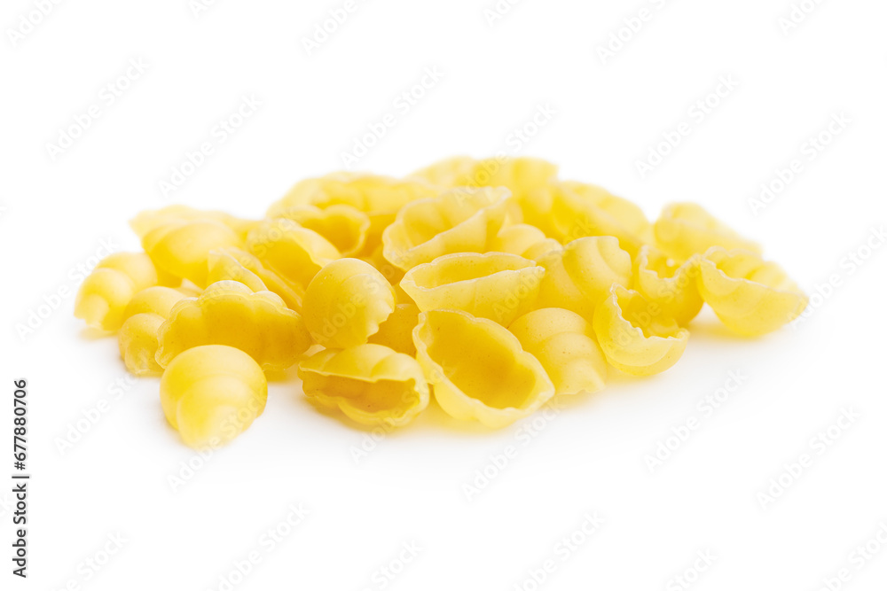 Fototapeta premium Uncooked gnocchi pasta. Raw italian pasta isolated on white background.