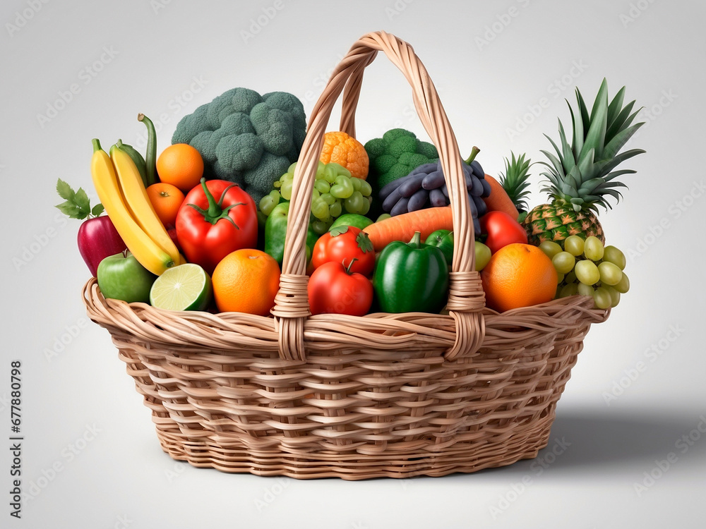 Baskets of fruits and vegetables on a white backdrop. Baskets of fruits and vegetables on a white backdrop.