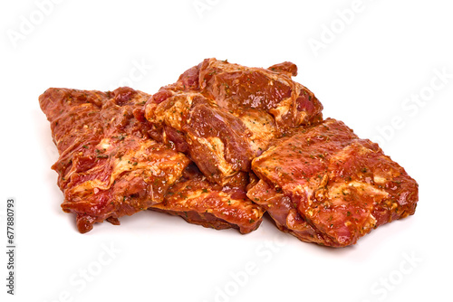 Spicy marinated ribs, BBQ, meat for grill, isolated on white background.