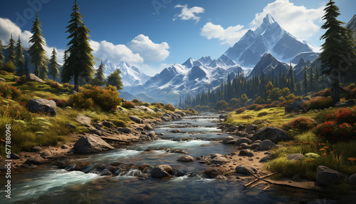 Majestic mountain peak reflects in tranquil water generated by AI