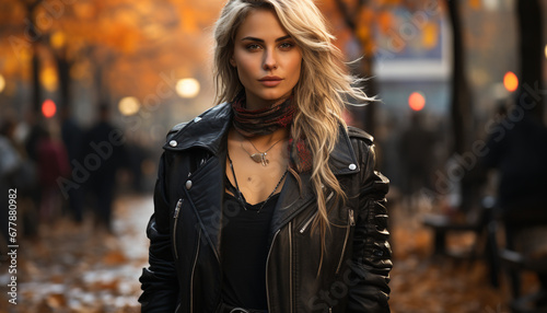 Young woman in leather jacket, looking at camera generated by AI