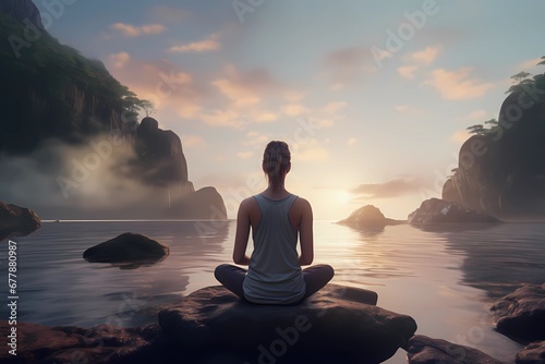 Woman meditating on rocks in the morning photo