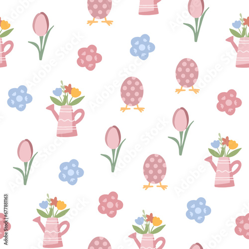 Colorful Easter bunny with eggs and flowers. Easter basket with eggs and sheep. Easter parity and pattern. Easter background for postcard, banner.