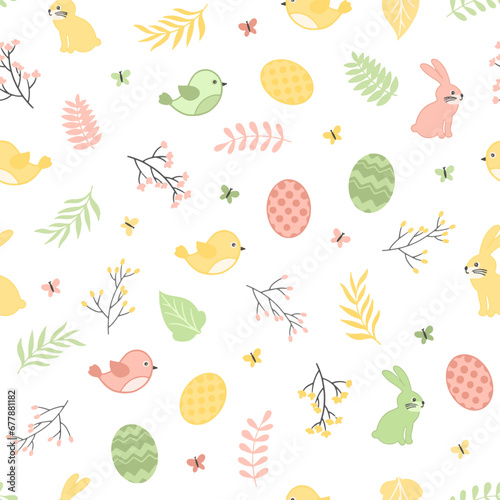 Colorful Easter bunny with eggs and flowers. Easter basket with eggs and sheep. Easter parity and pattern. Easter background for postcard, banner.
