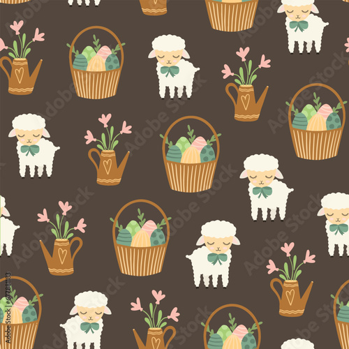 Colorful Easter bunny with eggs and flowers. Easter basket with eggs and sheep. Easter parity and pattern. Easter background for postcard, banner.