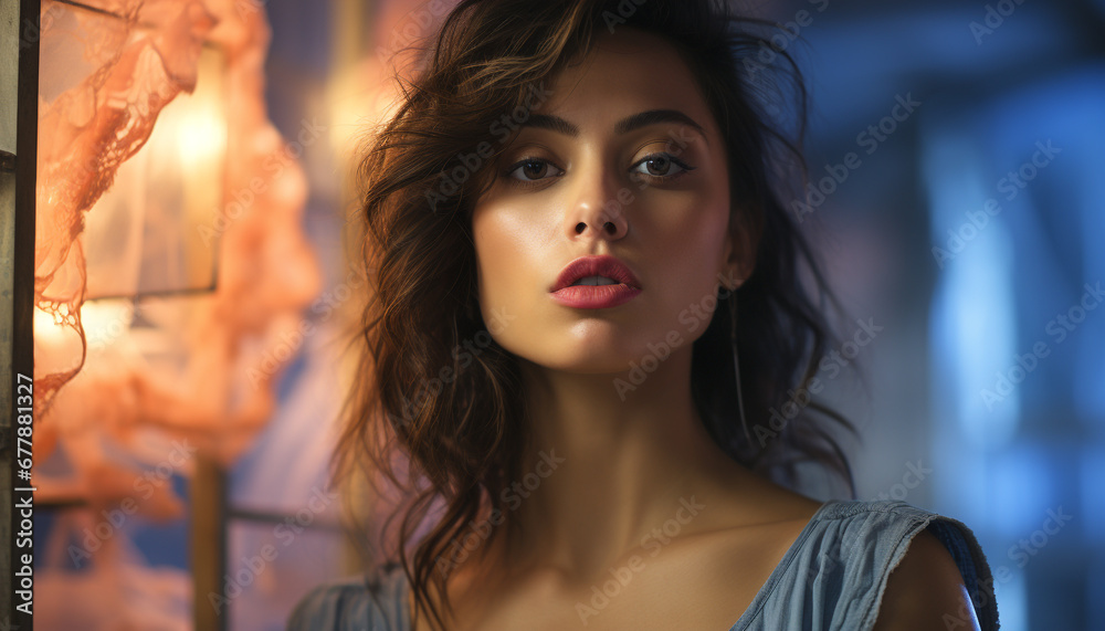 Young woman with brown hair looking at camera generated by AI Young woman with brown hair looking at camera generated by AI