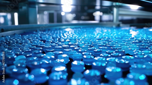 Blue Capsules On Conveyor At Modern Pharmaceutical, Background For Banner, HD