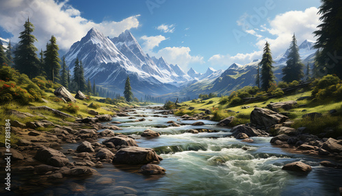 Majestic mountain peak reflects in tranquil flowing water generated by AI