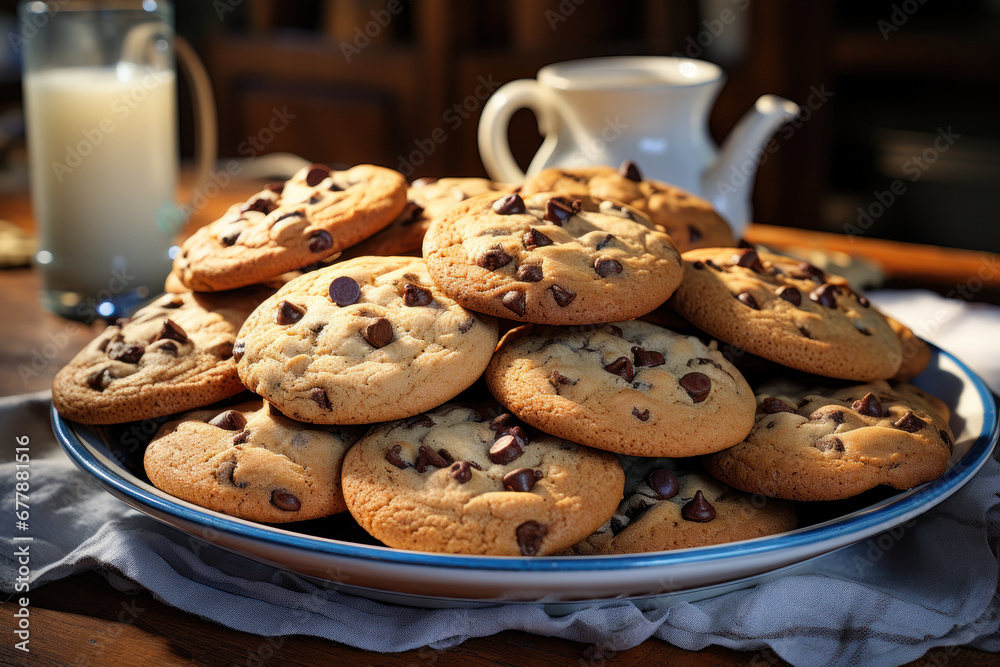 A plate of freshly baked chocolate chip cookies, still warm from the oven. Concept of homemade indulgence. Generative Ai.