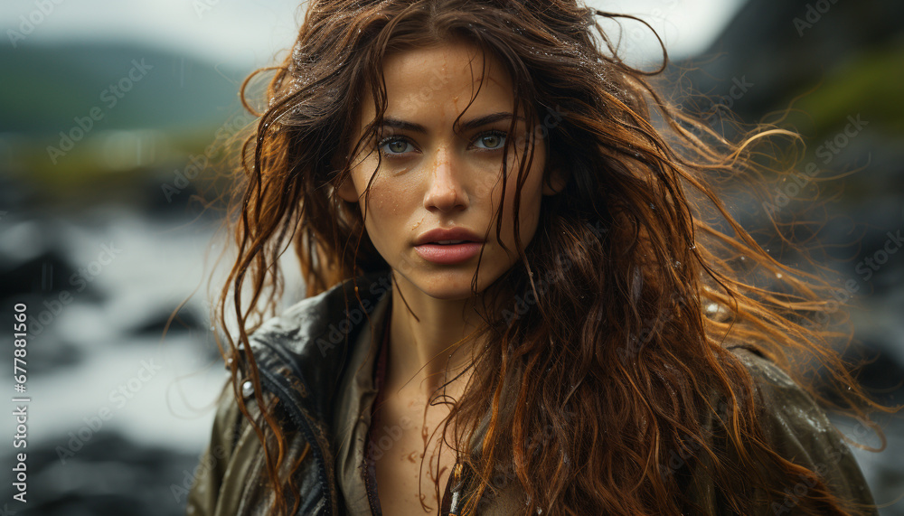 Young woman with long brown hair looking at camera generated by AI Young woman with long brown hair looking at camera generated by AI