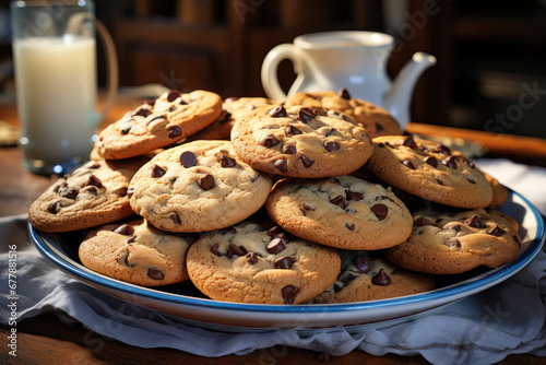A plate of freshly baked chocolate chip cookies  still warm from the oven. Concept of homemade indulgence. Generative Ai.