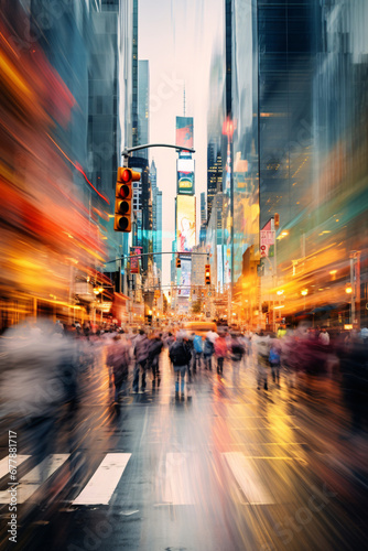 Blurred and Unrecognizable Crowd in a Busy Urban Street Scene, Capturing the Hustle and Bustle of City Life © Saran