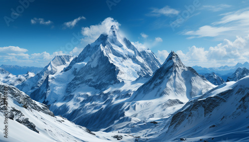 Snow capped mountains create a majestic winter landscape generated by AI