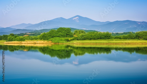 Idyllic rural scene panoramic mountain landscape, clear sky, tranquil reflection generated by AI