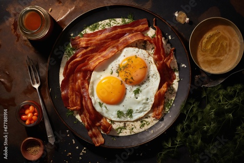 fried eggs with bacon and herbs, delicious breakfast, still life on a dark background