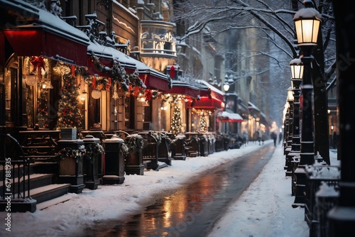 city street in winter, exteriors of houses decorated for Christmas or New Year's holiday, wet, street lights, festive environment