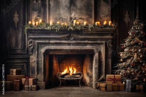 interior of house with burning fire in fireplace, decorated for Christmas or New Year holidays, gifts, Christmas tree, winter season