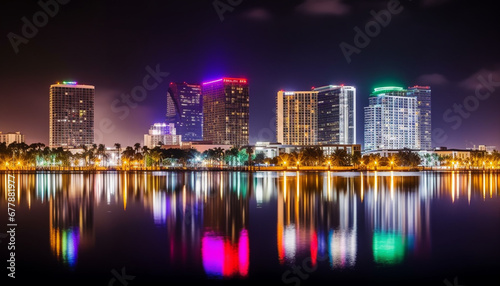 Travel to an illuminated cityscape with multi colored reflections on water generated by AI © Jeronimo Ramos