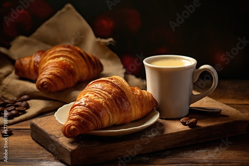 a cup of coffee and a fresh croissant, coffee beans and coarse cloth, still life on a dark background