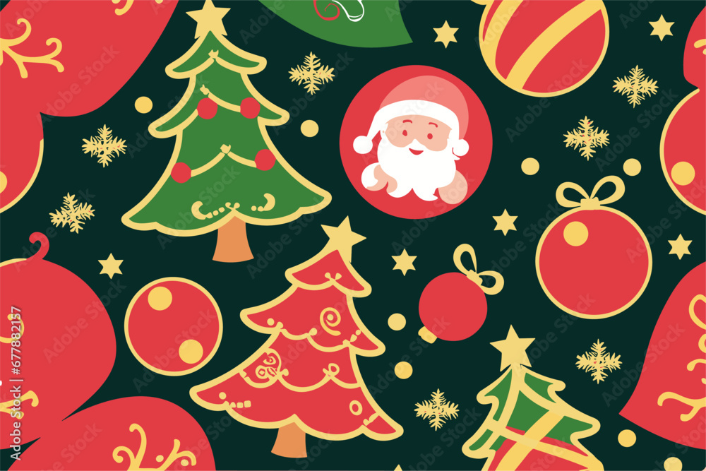 Fototapeta premium Vector christmas pattern with santa claus, christmas tree, toys ball, snowflake, stars on a black background. 2024 New Year's fashion ornament for fabric, paper, textiles.