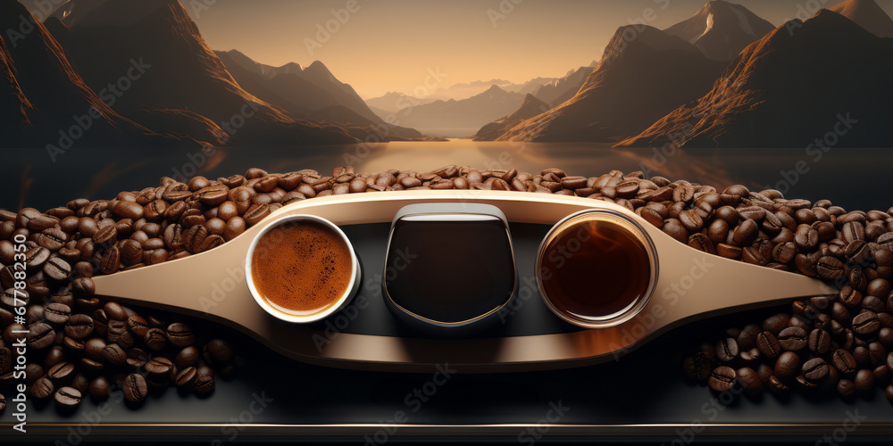 Coffee, Cafe Concept. Coffee beans laid on table with a cup coffee with a backdrop of high mountain views in the morning. - obrazy, fototapety, plakaty 