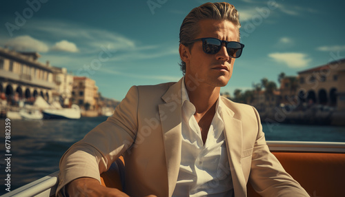 Confident businessman sailing on luxurious yacht at sunset generated by AI