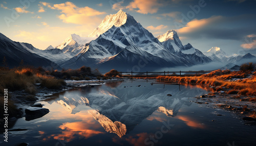 Majestic mountain peak reflects tranquil sunset on water generated by AI