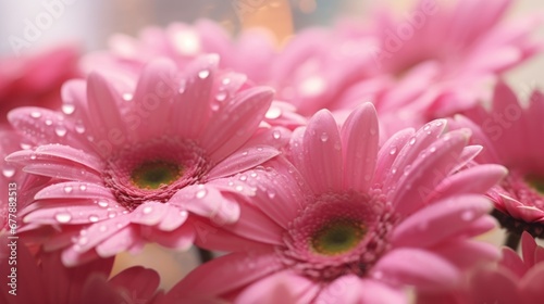 Pink gerbera flowers with water droplets on petals. Springtime Concept. Valentine s Day Concept with a Copy Space. Mother s Day