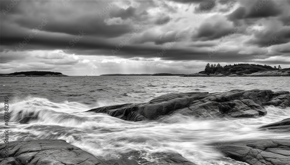 Tranquil seascape breaking waves, dramatic sky, horizon over water generated by AI