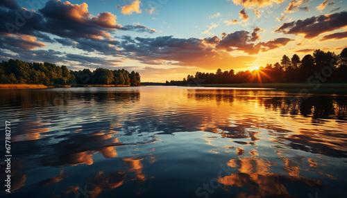 Sunset over water, nature reflection in tranquil scene generated by AI