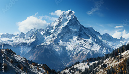 Majestic mountain peak, snow covered, tranquil scene generated by AI © Jemastock