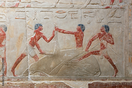 SAQQARA, EGYPT - MARCH 23, 2023:  Pictures from the inner walls  in the Saqqara necropolis, Egypt that includes Step Pyramid of Djoser