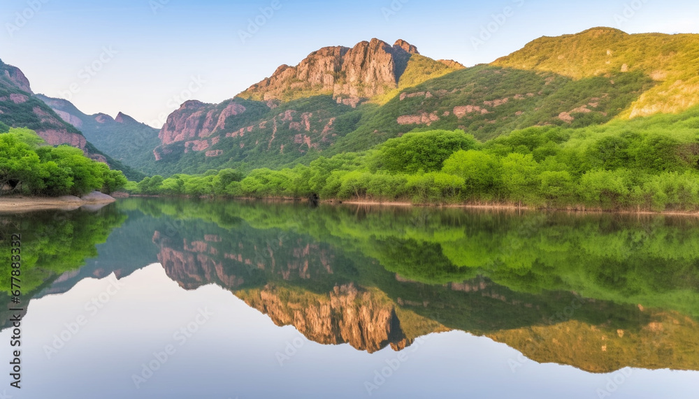 Majestic mountain range reflects in tranquil pond, autumn natural beauty generated by AI