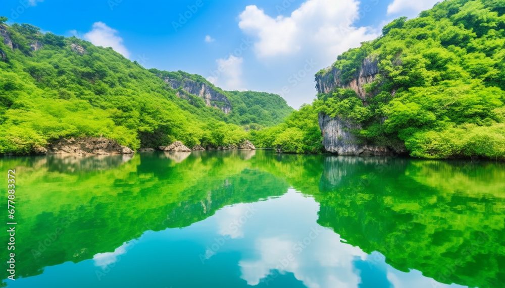 Green trees reflect beauty in nature mountain landscape, summer outdoors generated by AI