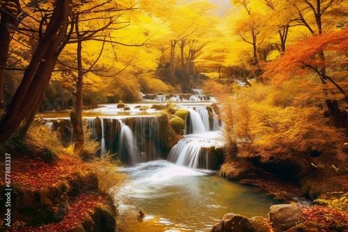 Stunning autumn landscape featuring a waterfall amidst vibrant yellow foliage. Generative AI
