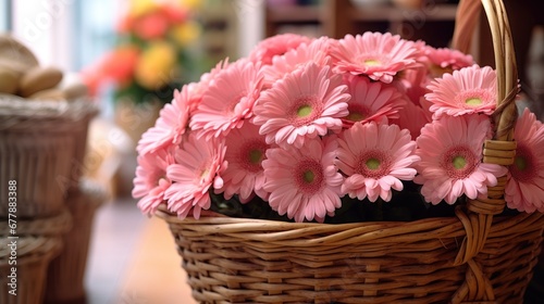 Bouquet of beautiful pink gerbera flowers in basket, closeup. Springtime Concept. Valentine's Day Concept with a Copy Space. Mother's Day