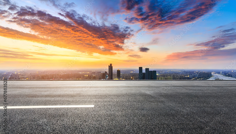 asphalt road and city skyline with colorful sky clouds at sunset - obrazy, fototapety, plakaty 