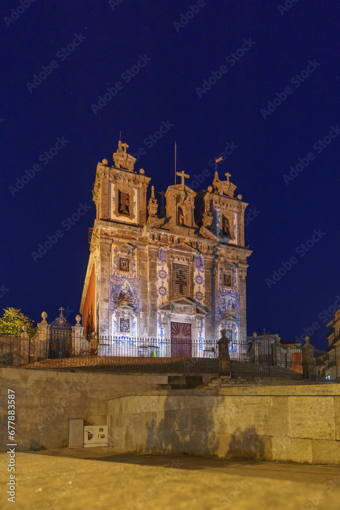 Church of Santo Ildefonso in Porto with blue tile called Azulejos illuminated at night, Porto, Portugal,