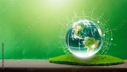 illustration for environmental concept business or green investment crystal globe with icon on green background use for advertisement or web banner or whatever leave a space to enter text photo