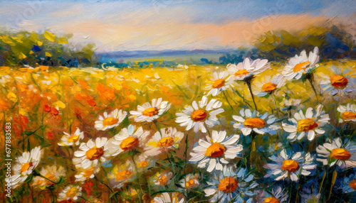 blurred background of daisies on the indian summer field oil painting impressionism