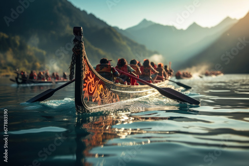 A dragon boat racing team paddling with determination on a calm lake. Concept of teamwork and competition. Generative Ai. photo