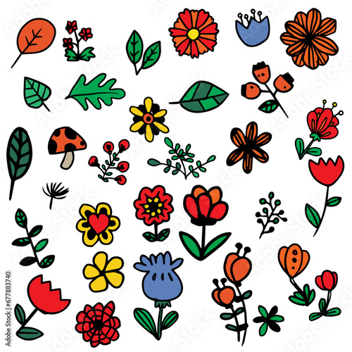 set of various types of simple colored flowers and leaves