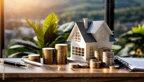 property tax investment planning business real estate view of coin stack with house model mortgage loading real estate property with loan money bank concept home sales and home insurance concept photo